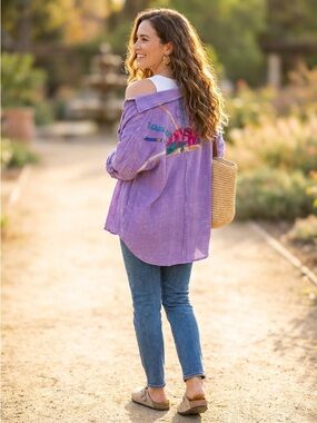 Lavender Cotton Embroidered Lightweight Button-Up Shirt